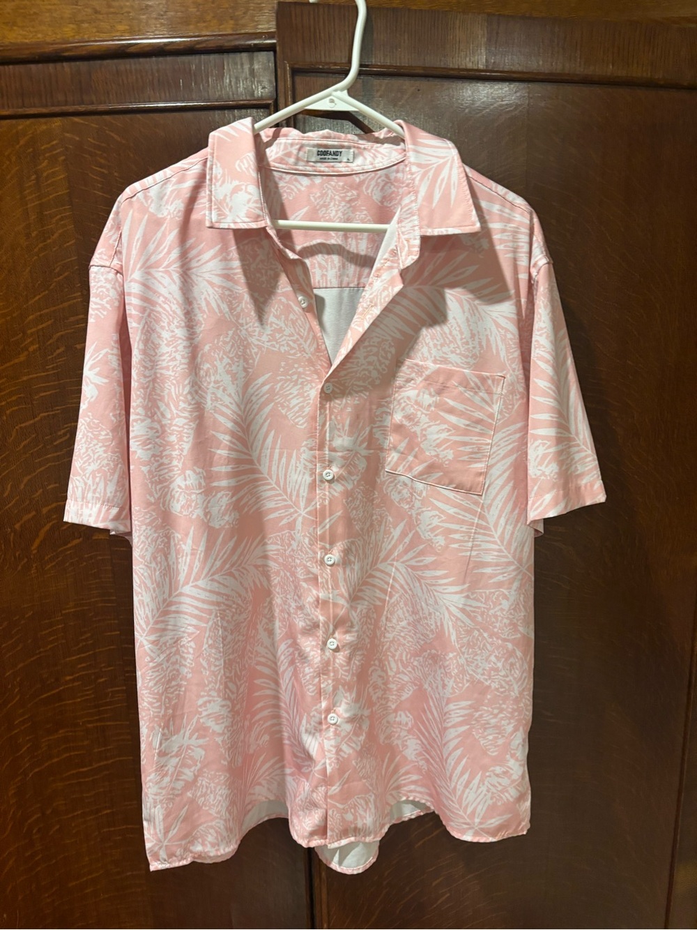 Coofandy Pink & White Hawaiian shirt Tropical Print Short-Sleeve Button-Down